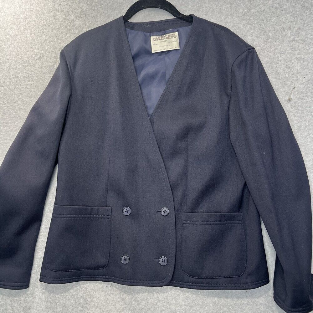 Vintage Jaeger jacket Navy Blue Short Double Breasted Wool Blazer 14 to fit